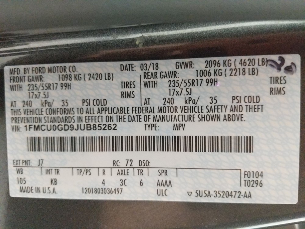 2018 Ford Escape - VIN Plate