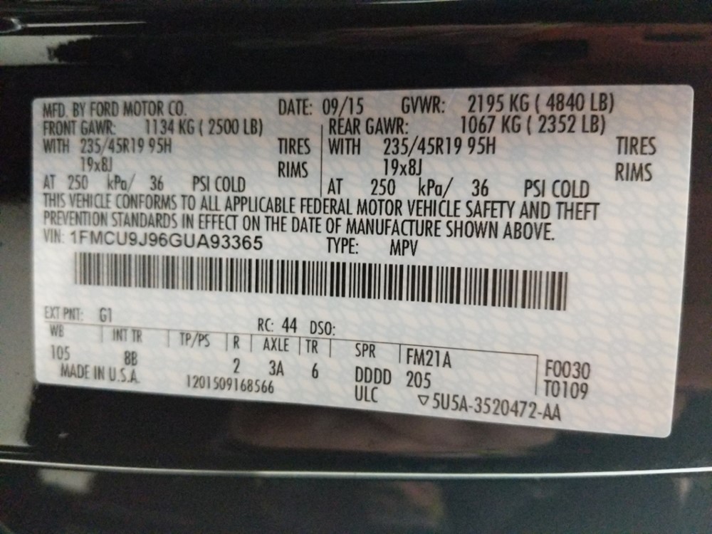 2016 Ford Escape - VIN Plate
