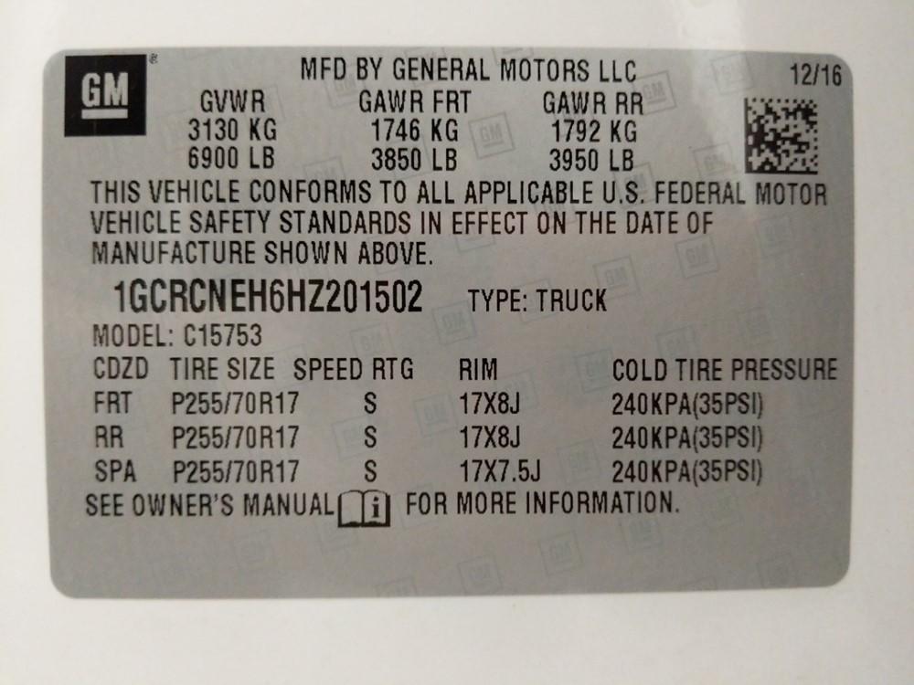 2017 Chevrolet Silverado 1500 - VIN Plate