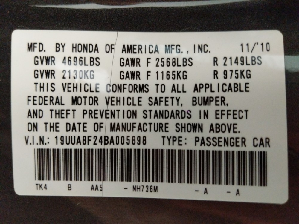 2011 Acura TL - VIN Plate