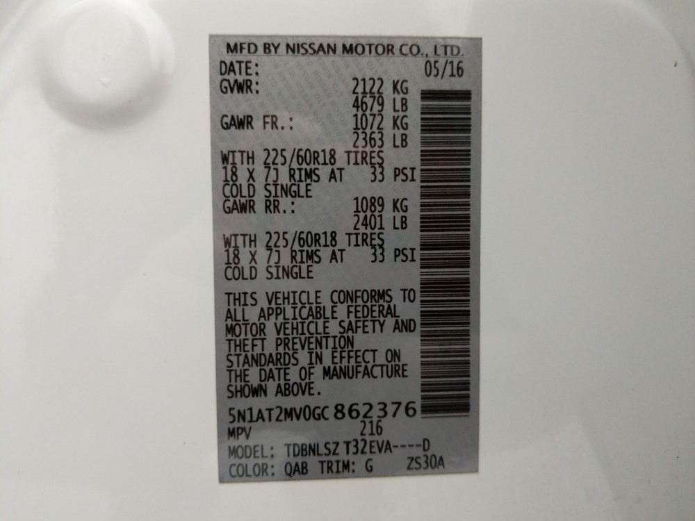 2016 Nissan Rogue - VIN Plate