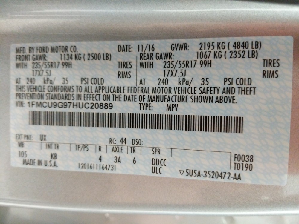 2017 Ford Escape - VIN Plate