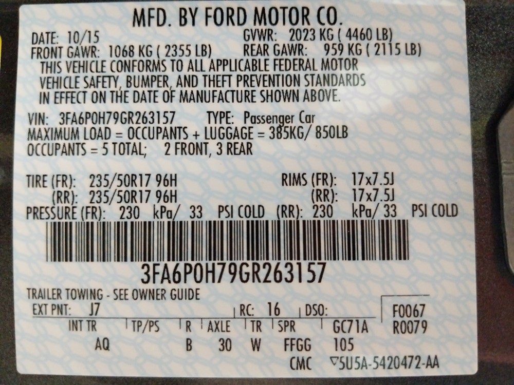 2016 Ford Fusion - VIN Plate