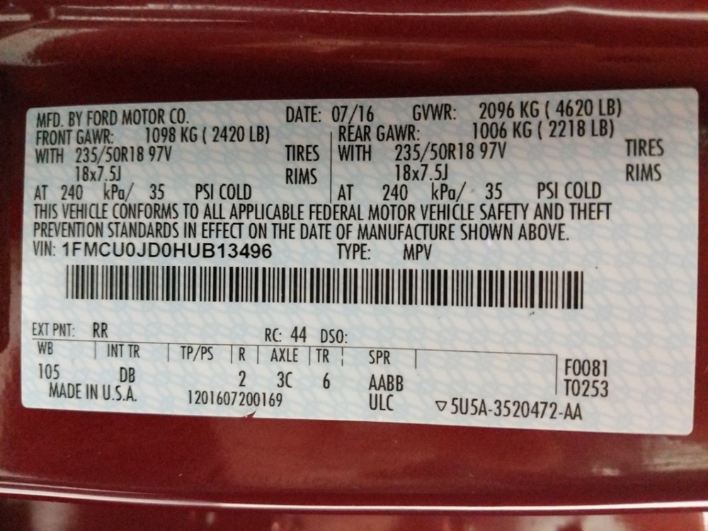 2017 Ford Escape - VIN Plate