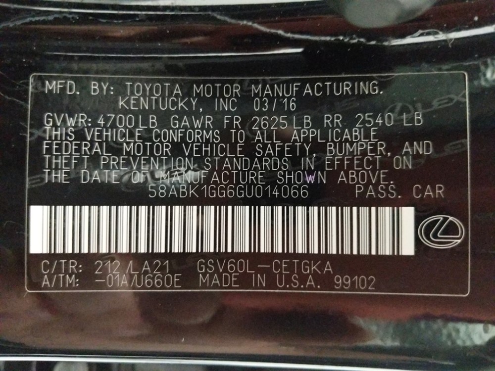 2016 Lexus ES 350 - VIN Plate
