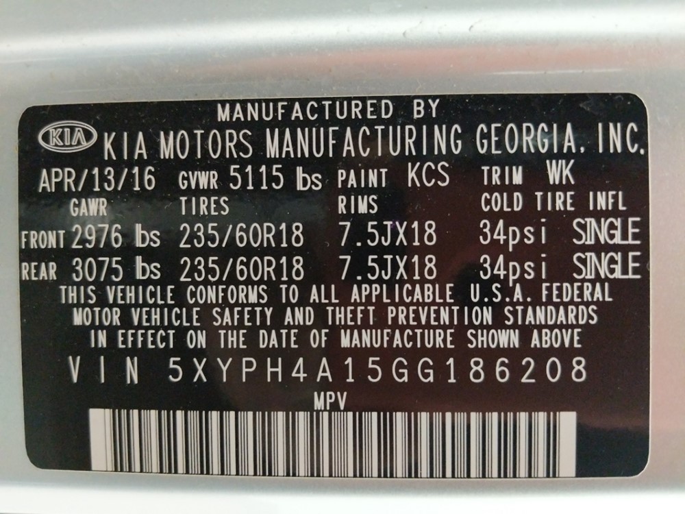 2016 Kia Sorento - VIN Plate