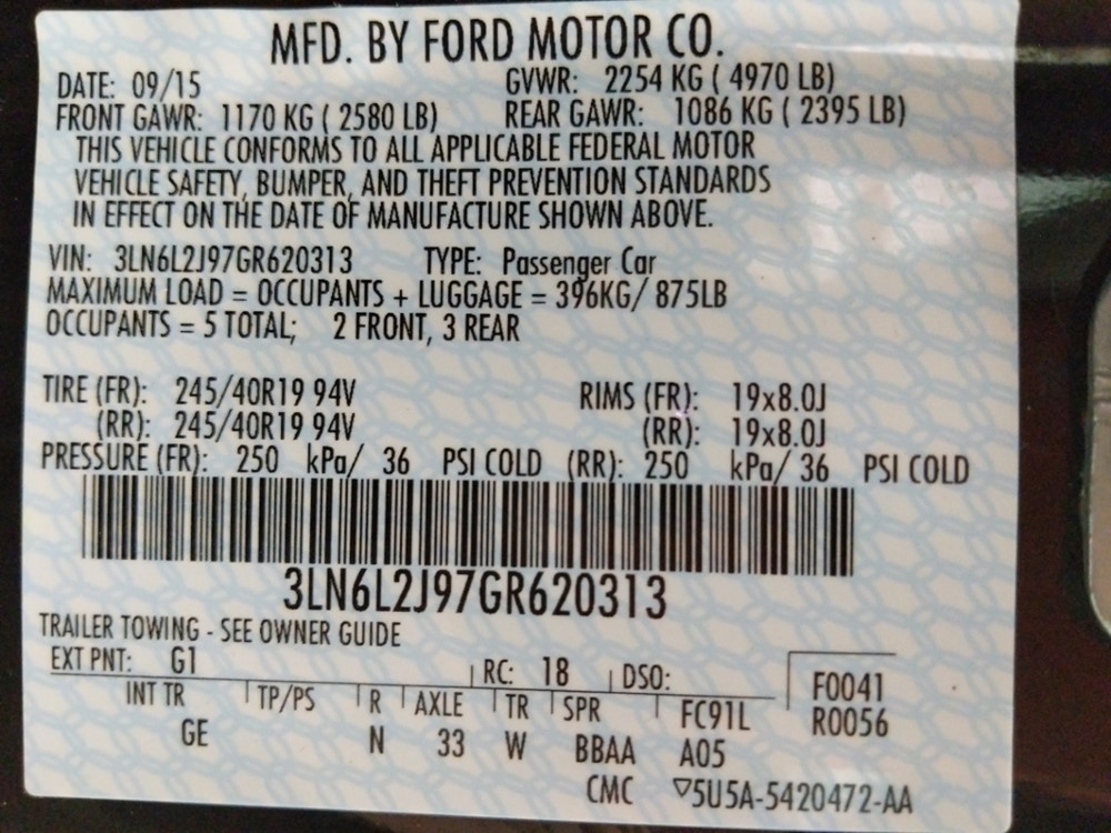2016 Lincoln MKZ - VIN Plate