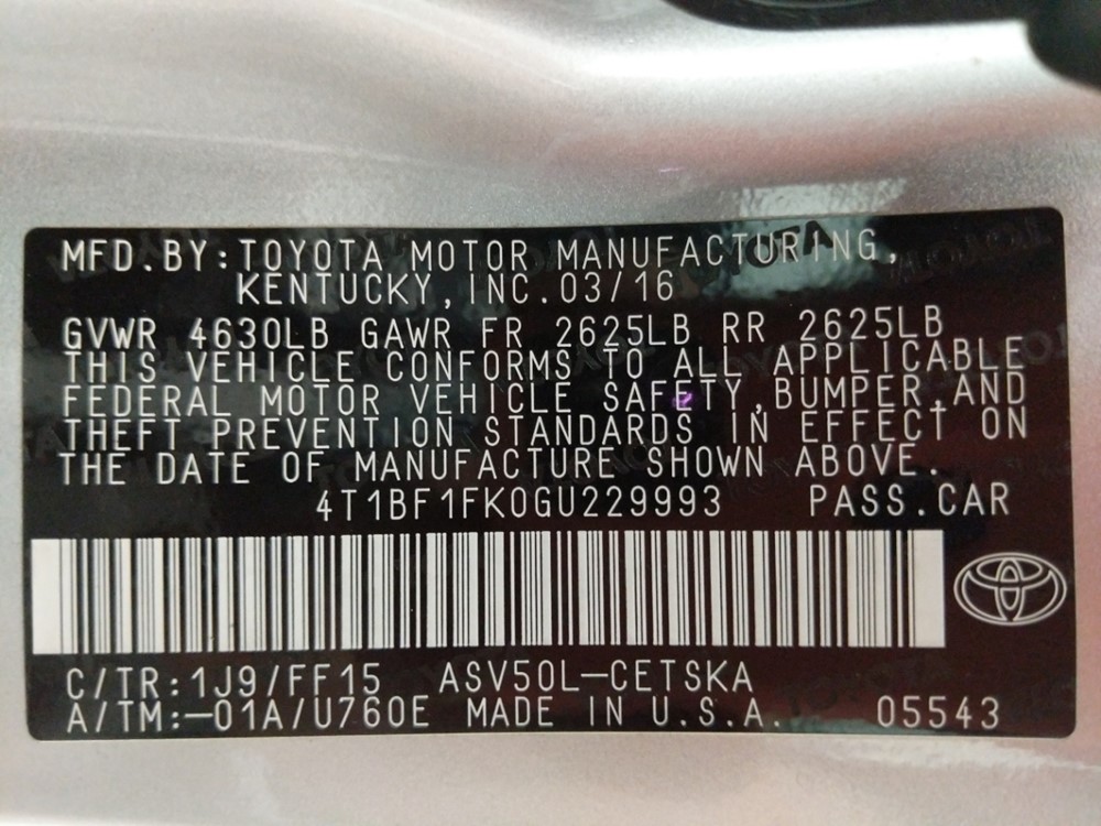 2016 Toyota Camry - VIN Plate