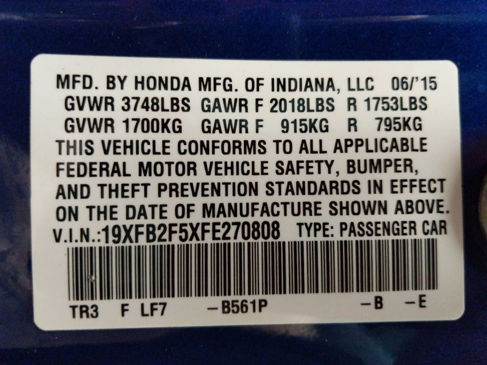2015 Honda Civic - VIN Plate