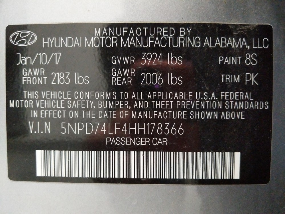 2017 Hyundai Elantra - VIN Plate