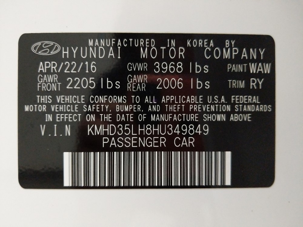 2017 Hyundai Elantra - VIN Plate
