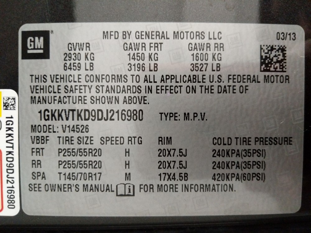 2013 GMC Acadia - VIN Plate