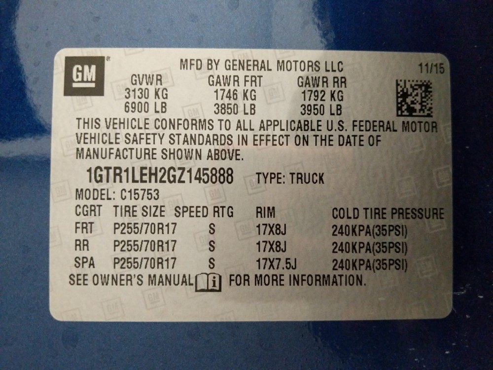 2016 GMC Sierra 1500 - VIN Plate