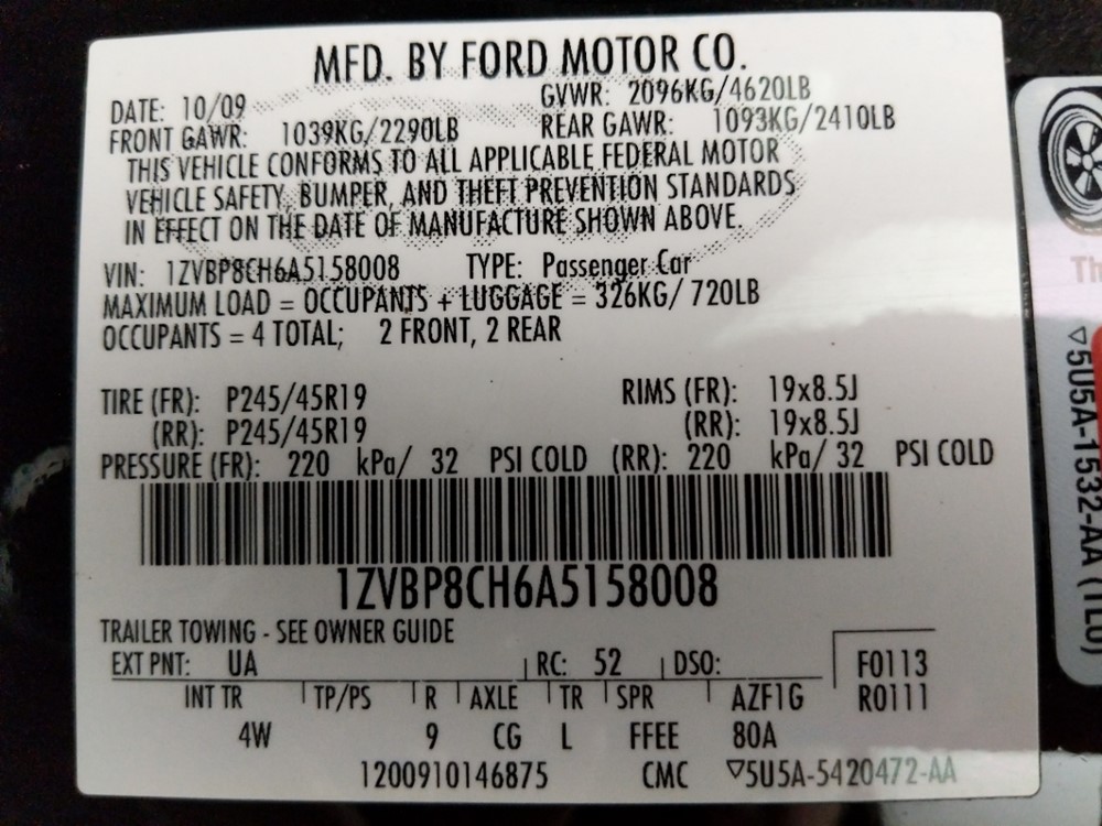 2010 Ford Mustang - VIN Plate
