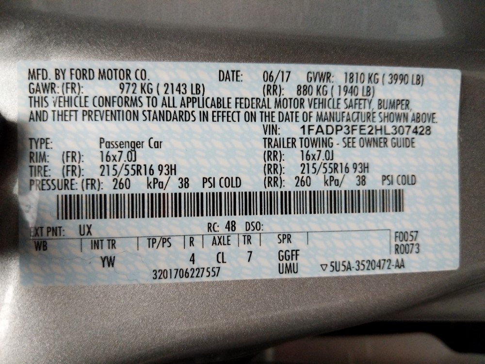 2017 Ford Focus - VIN Plate