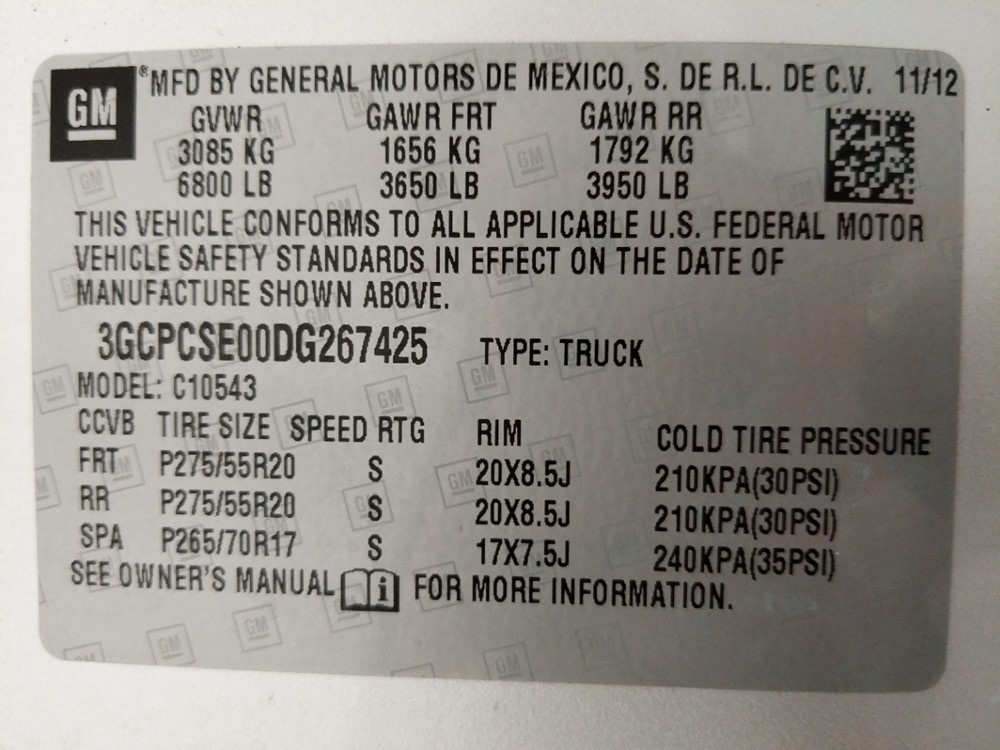 2013 Chevrolet Silverado 1500 - VIN Plate