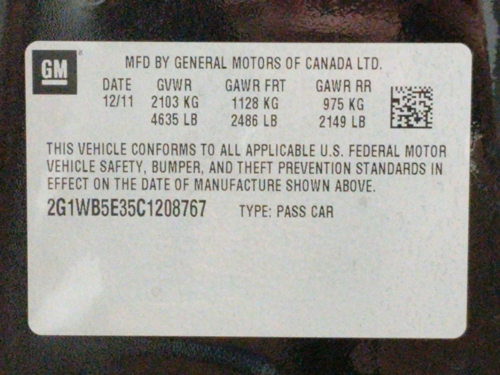 2012 Chevrolet Impala - VIN Plate