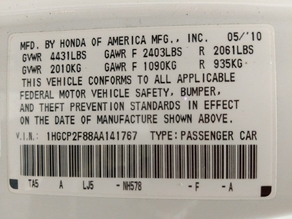 2010 Honda Accord - VIN Plate