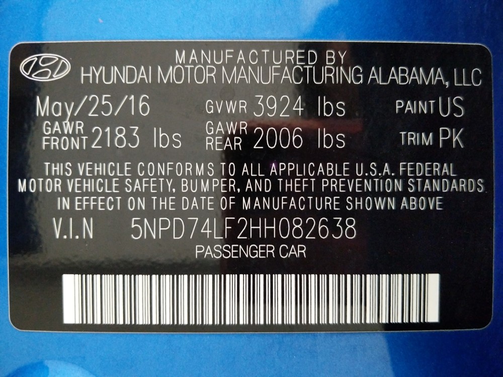 2017 Hyundai Elantra - VIN Plate