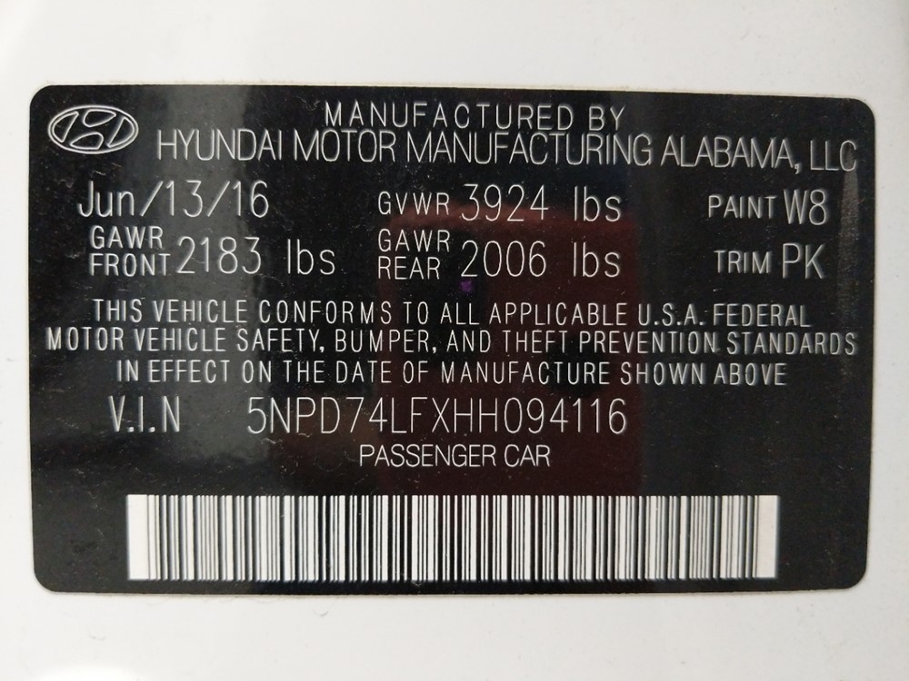 2017 Hyundai Elantra - VIN Plate