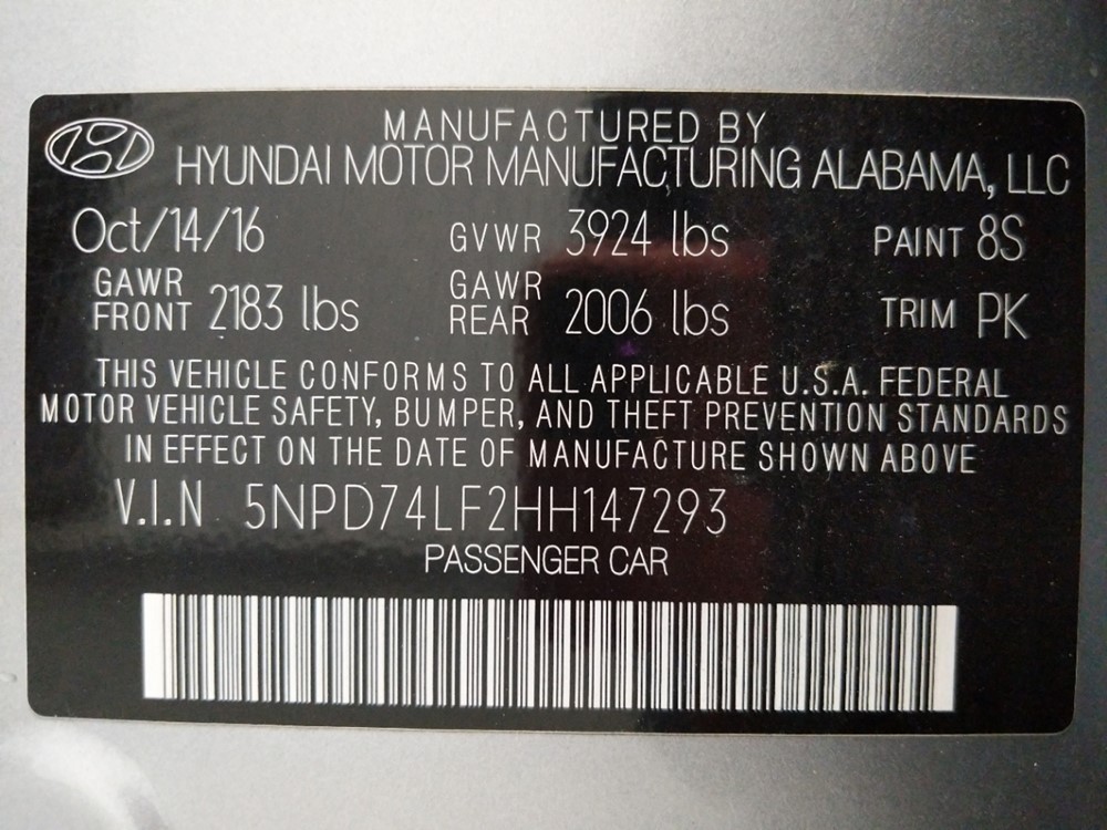 2017 Hyundai Elantra - VIN Plate