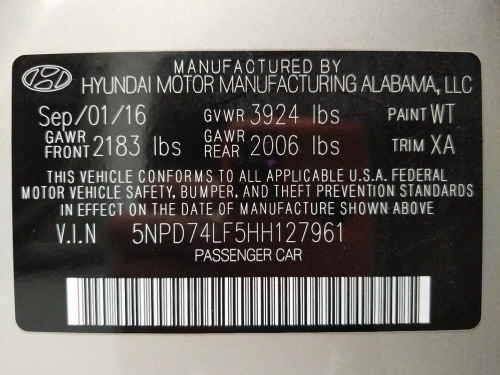 2017 Hyundai Elantra - VIN Plate