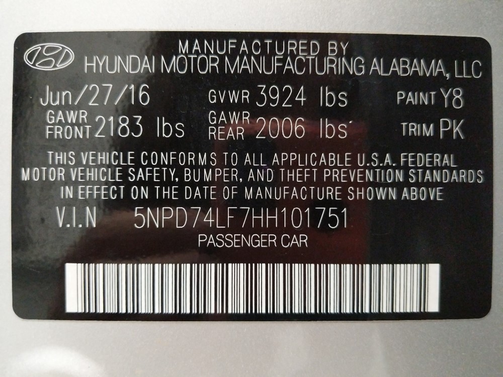 2017 Hyundai Elantra - VIN Plate