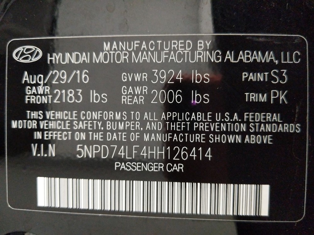2017 Hyundai Elantra - VIN Plate