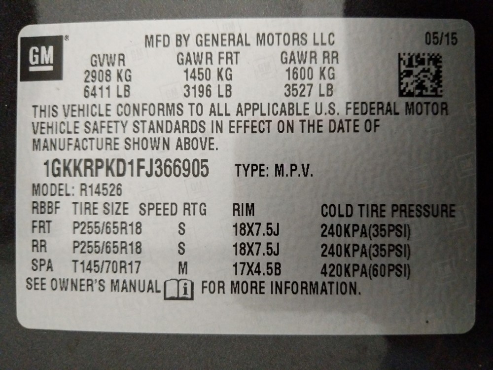 2015 GMC Acadia - VIN Plate