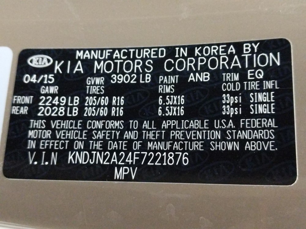 2015 Kia Soul - VIN Plate