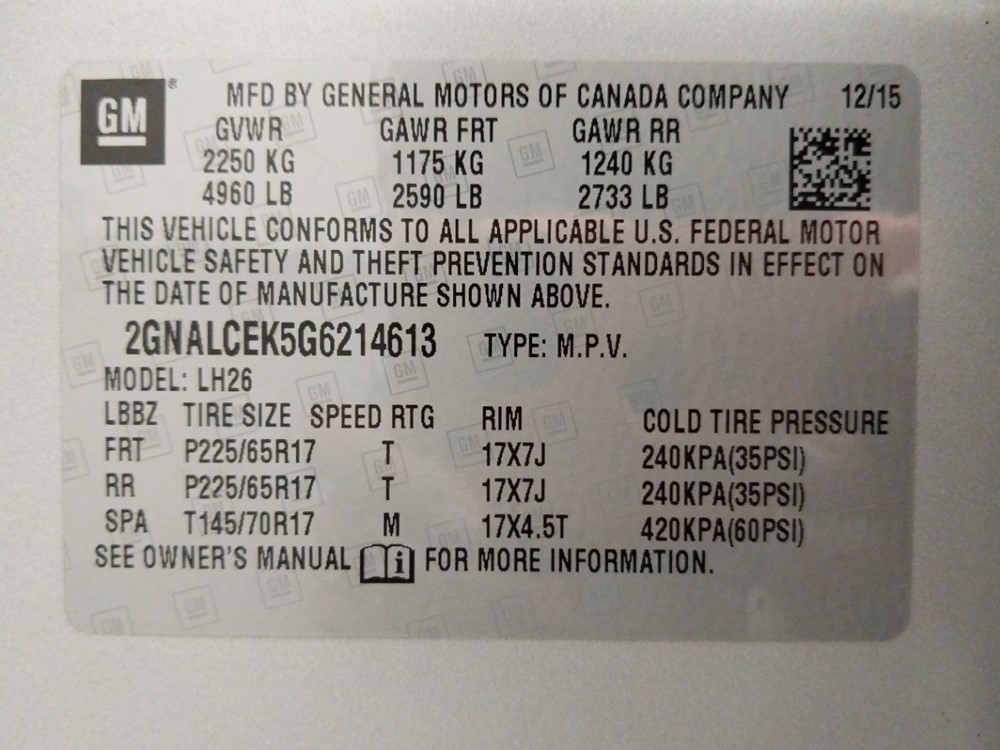2016 Chevrolet Equinox - VIN Plate
