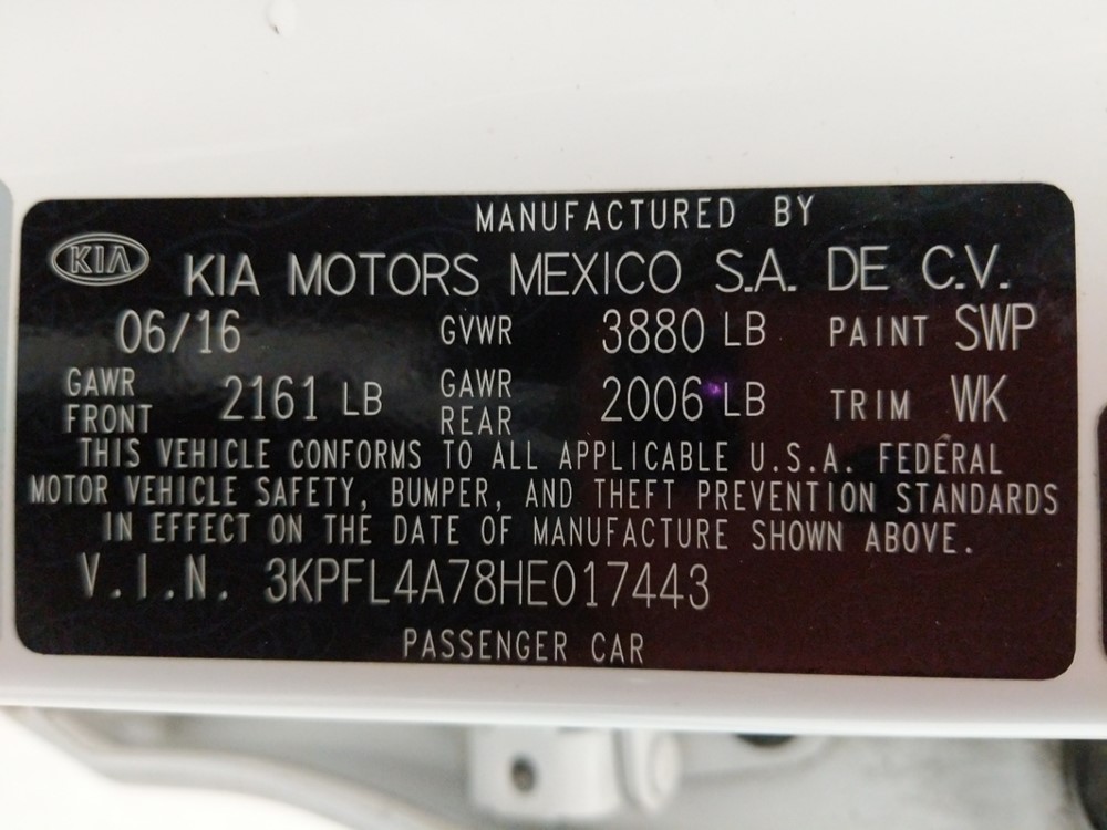 2017 Kia Forte - VIN Plate