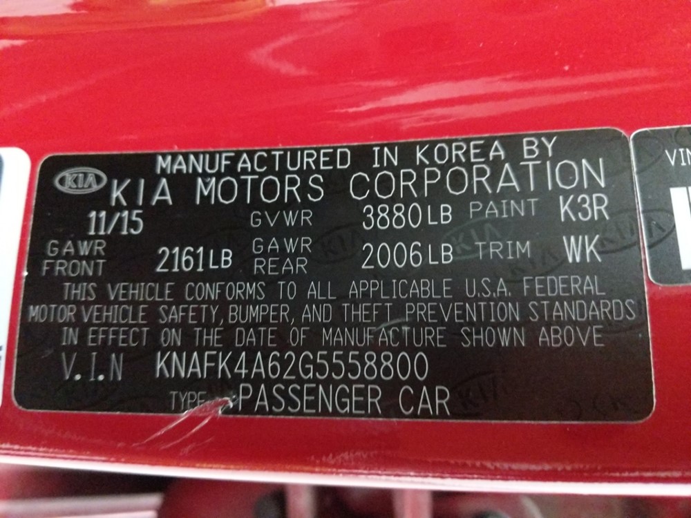 2016 Kia Forte - VIN Plate