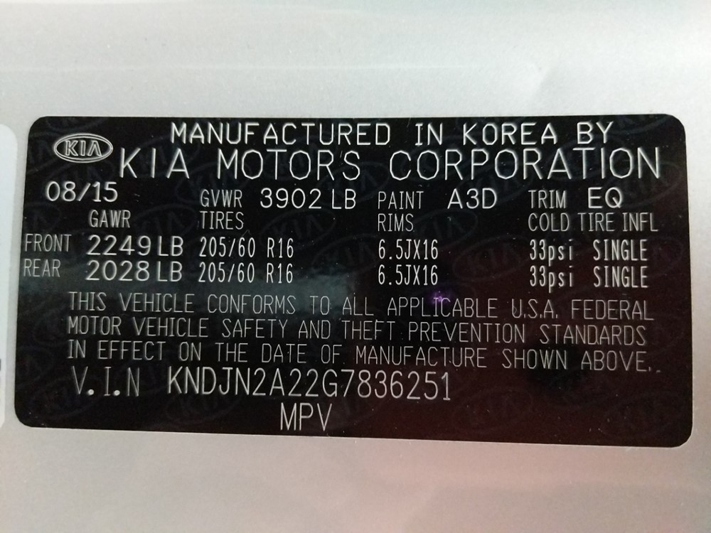 2016 Kia Soul - VIN Plate