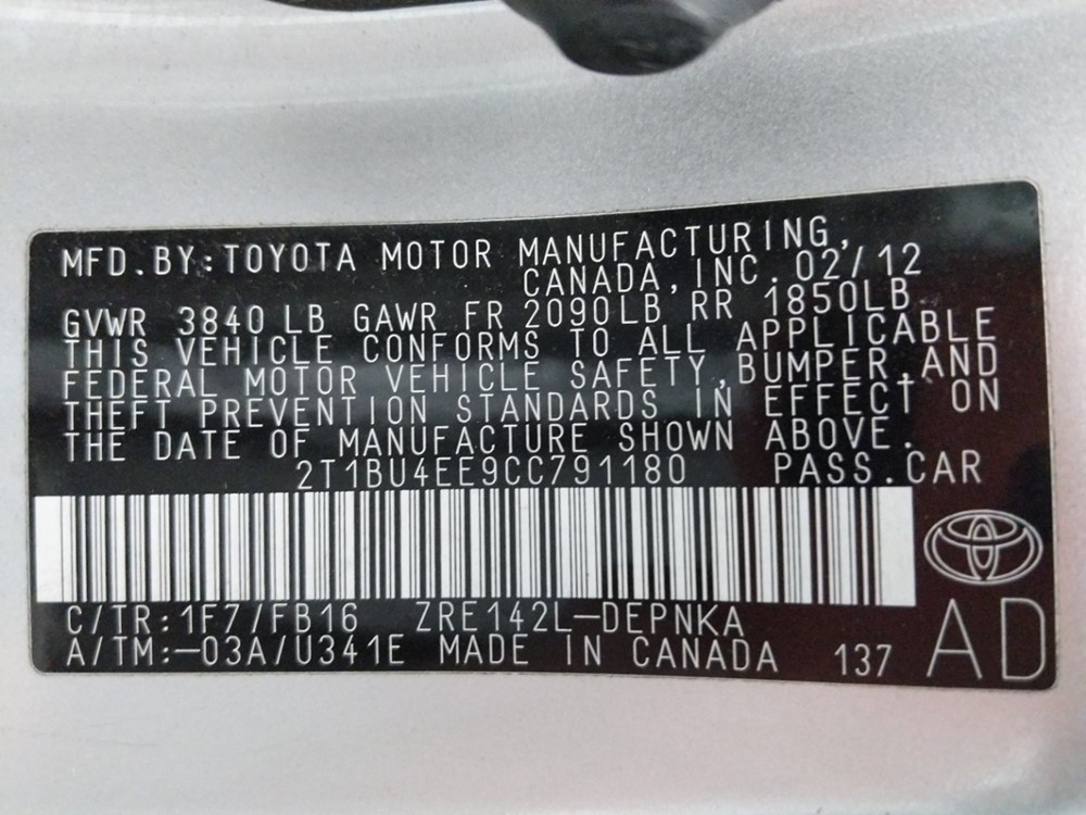 2012 Toyota Corolla - VIN Plate