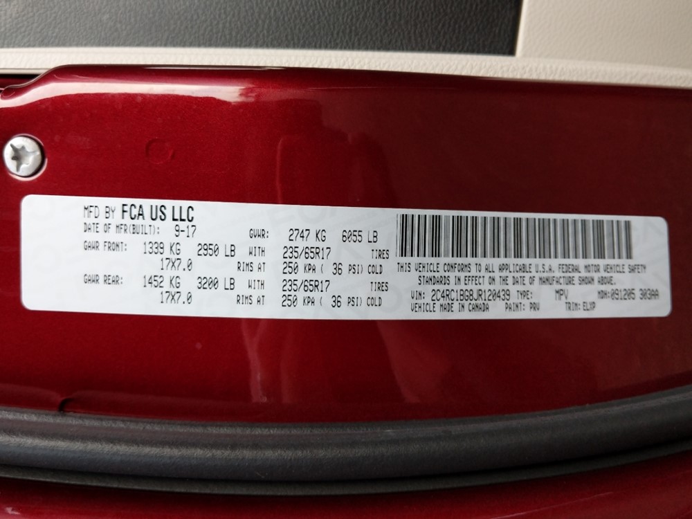 2018 Chrysler Pacifica - VIN Plate