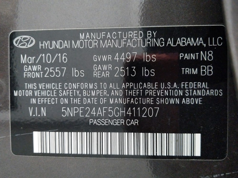 2016 Hyundai Sonata - VIN Plate