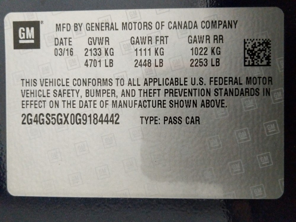 2016 Buick Regal - VIN Plate