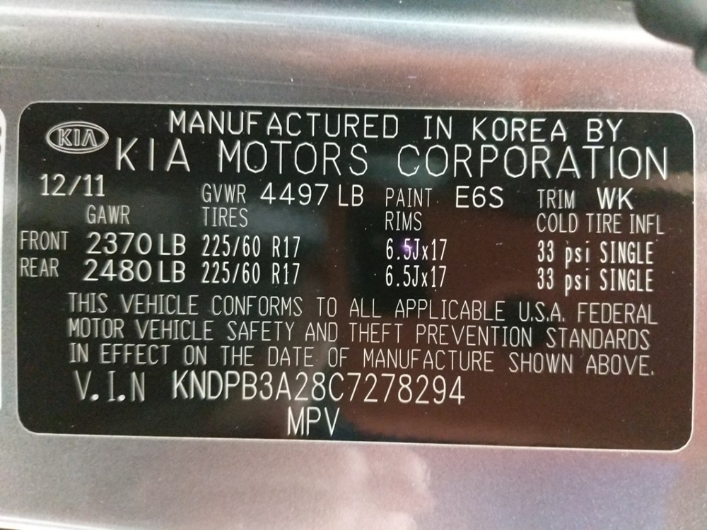 2012 Kia Sportage - VIN Plate
