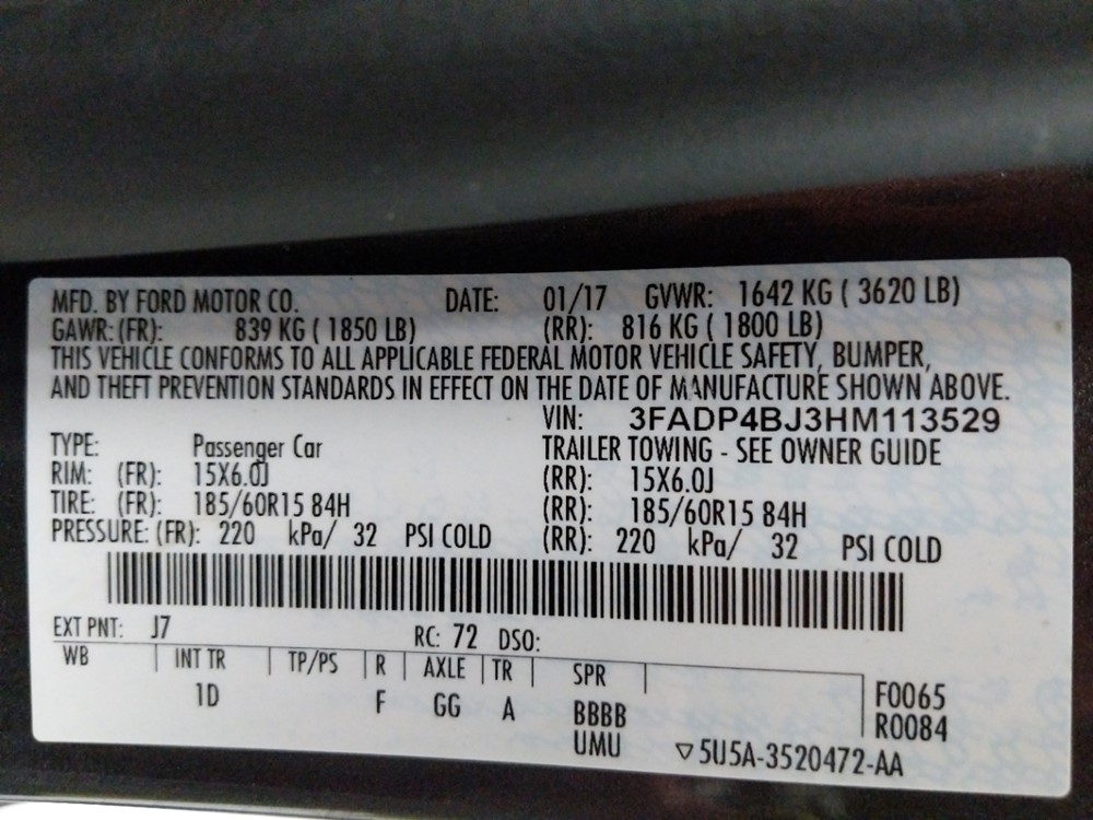 2017 Ford Fiesta - VIN Plate