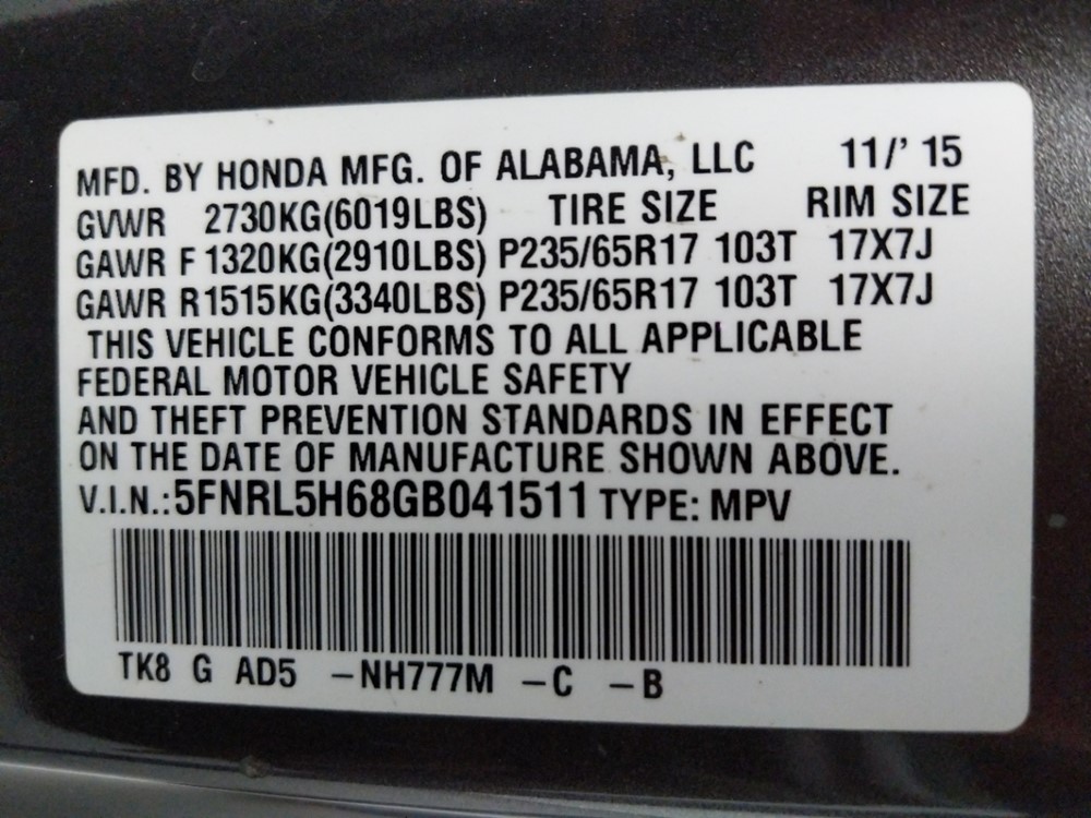 2016 Honda Odyssey - VIN Plate