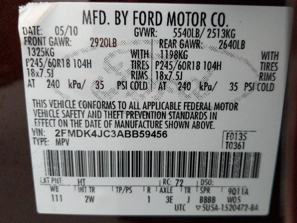 2010 Ford Edge - VIN Plate
