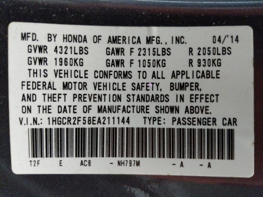 2014 Honda Accord - VIN Plate