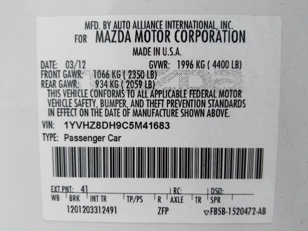2012 Mazda Mazda6 - VIN Plate