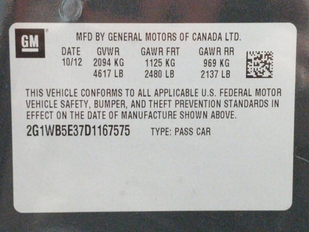 2013 Chevrolet Impala - VIN Plate