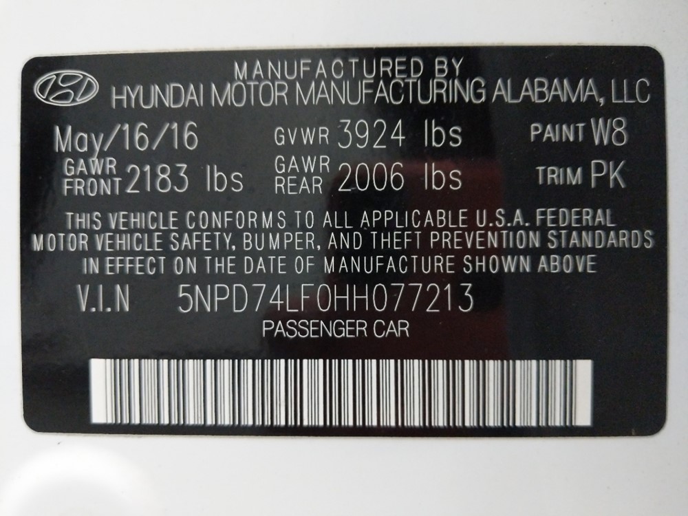 2017 Hyundai Elantra - VIN Plate