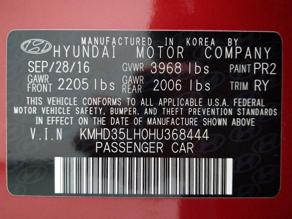 2017 Hyundai Elantra - VIN Plate
