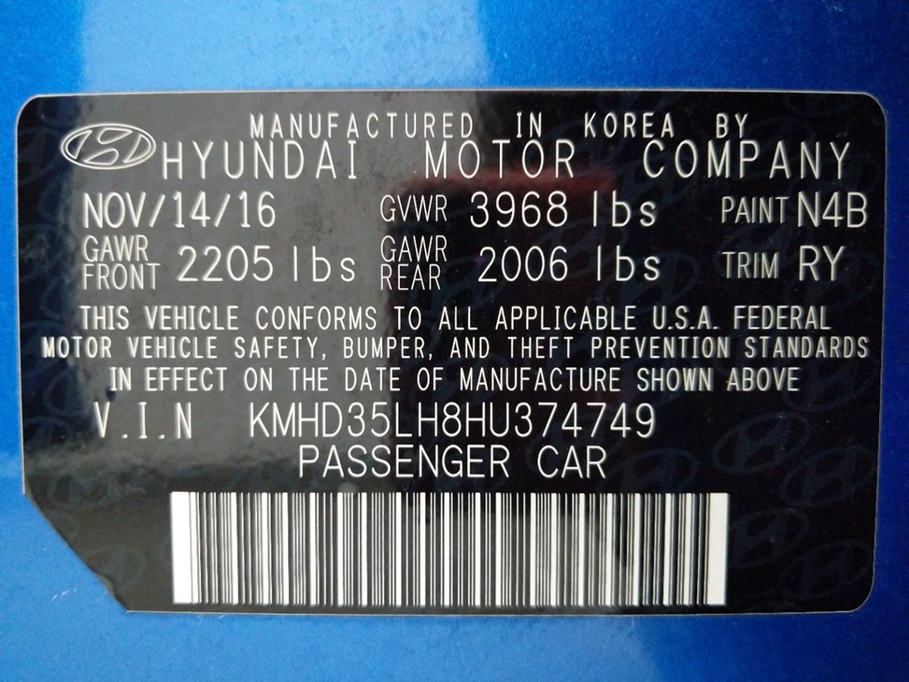 2017 Hyundai Elantra - VIN Plate