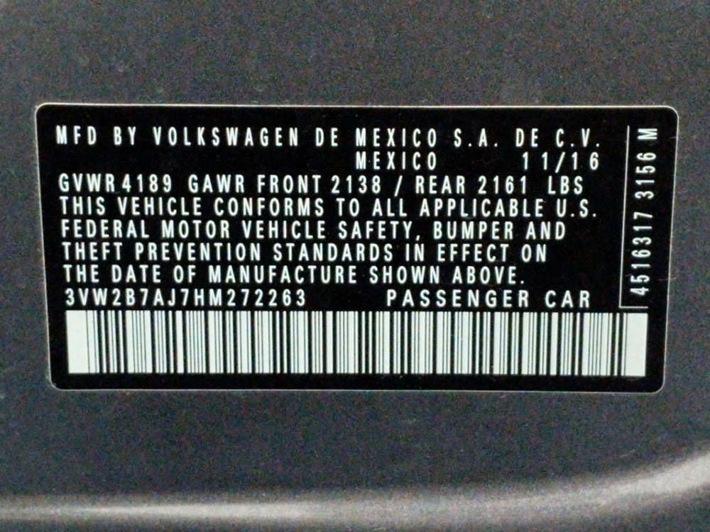 2017 Volkswagen Jetta - VIN Plate