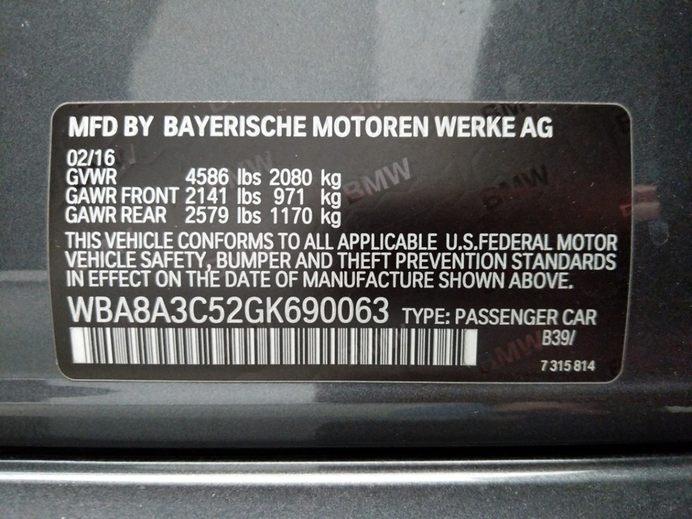 2016 BMW 320i - VIN Plate